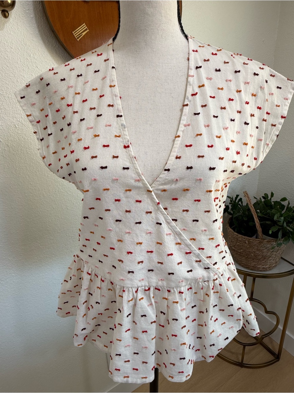 Madewell Cream Textured Dot Wrap Peplum Top XS 100% Cotton